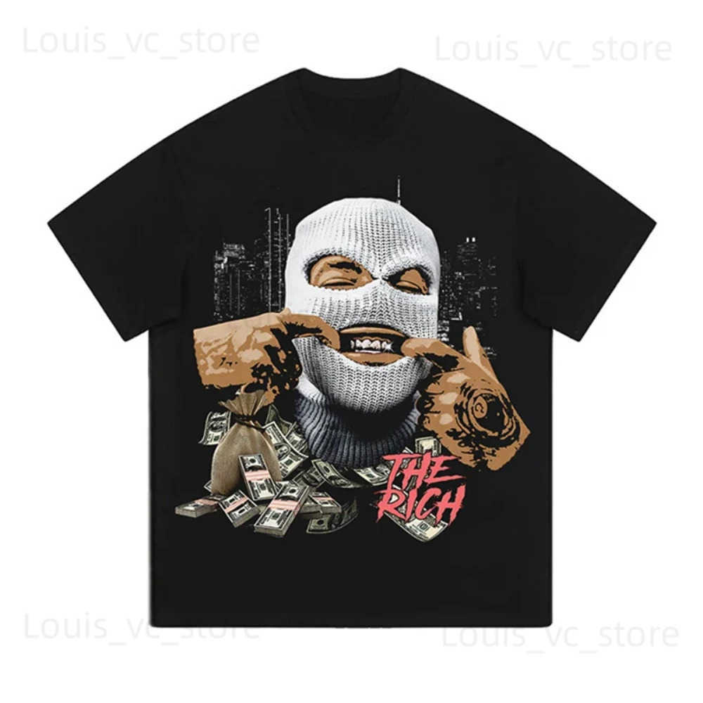 Men's T-Shirts Mens Fashion Hood Gangster Print Big Size Short Slve Tops Summer Clothes Mens Vintage Loose T-shirt Y2K Hip Hop T Shirts T250