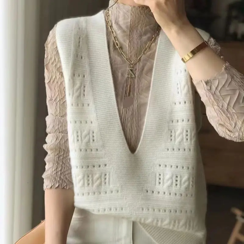 Femmes 100 mérinos en laine mérin, printemps et automne sans manche couleur maslow mode Vneck tricot tricoté pull 250318