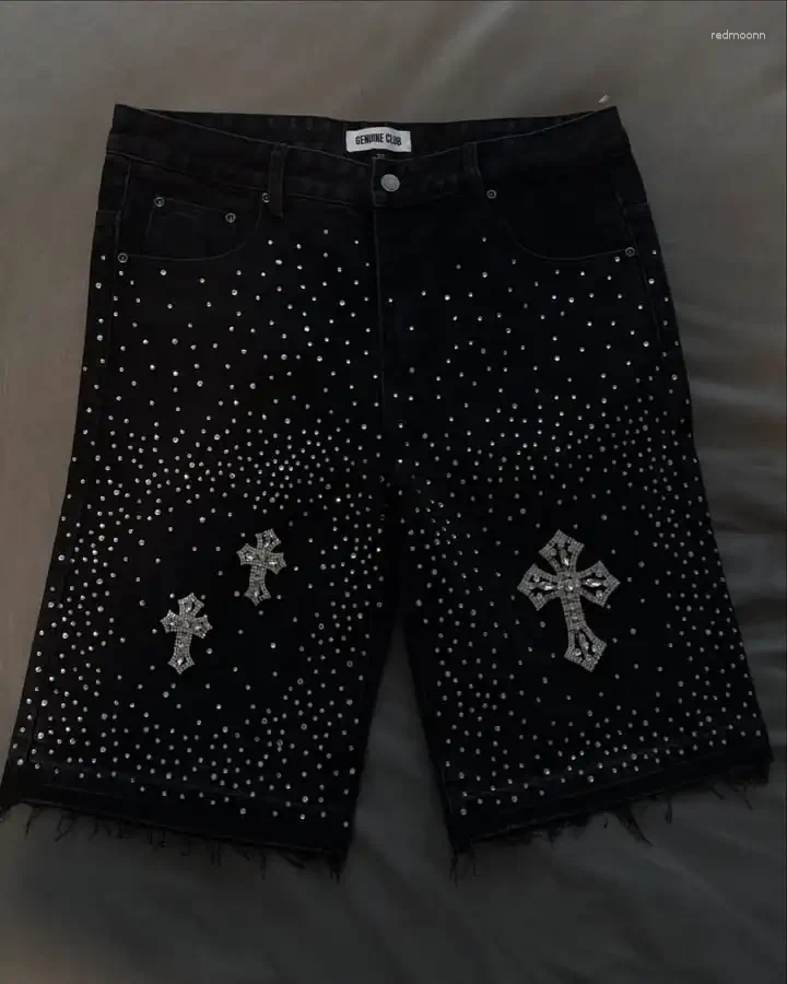 Shorts pour hommes American Cross Rhinestone Denim Jeans Mens HARAJUKU HIP HOP RETRO BAKET BASKETBALL BASSE BASKETBALL