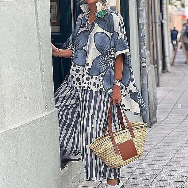 Imprimé floral d'été lâche en double rue rétro robe bohemienne robe de femme décontractée à manches courtes courte à manches longues pantalon 250