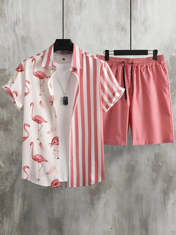 Mens Short-sleeved Shirt And Beach Shorts Set Flamingo Print Stylish Mens Casual Shirt Summer Vacation Party Mens Shorts 250318