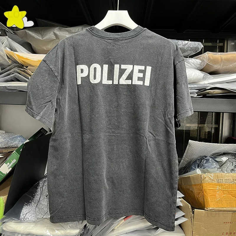 Men's T-Shirts 24SS Vintage Washed Black POLIZEI Vintage Scrn Star T-Shirt Men Women Best Quty Oversize T Shirt Crack Print T T261005