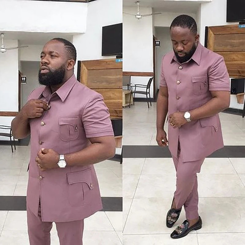 Summer Mens Suits Solid Color Short Sleeve Single Breasted Stand Lapel Casual Outfits 2 Piece Jacket Pants Set Slim Fit Terno 250318