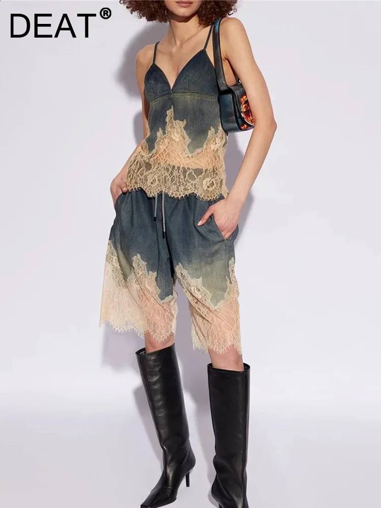 DEAT Fashion Womens 2-piece Denim Lace Backless Tank Top High Waist Lace Pocket Knee Length Set Autumn Style 7AB4274 250317
