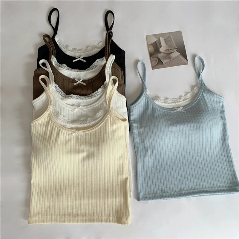 Womens Summer Casual Twopiece Bow Tank Top Patchwork Contrast Color Lace Knit Camisole Sweet Off Shoulder Backless Crop 250311Z