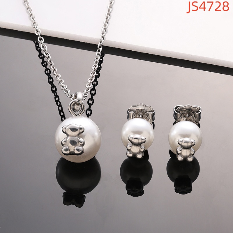 Hot Fashion Women Men Silver Gold Stainless Steel Bear White Round Pearl Cartoon Span Chain Pendant Necklace Earrings Sets Jewelry-image-1049523654
