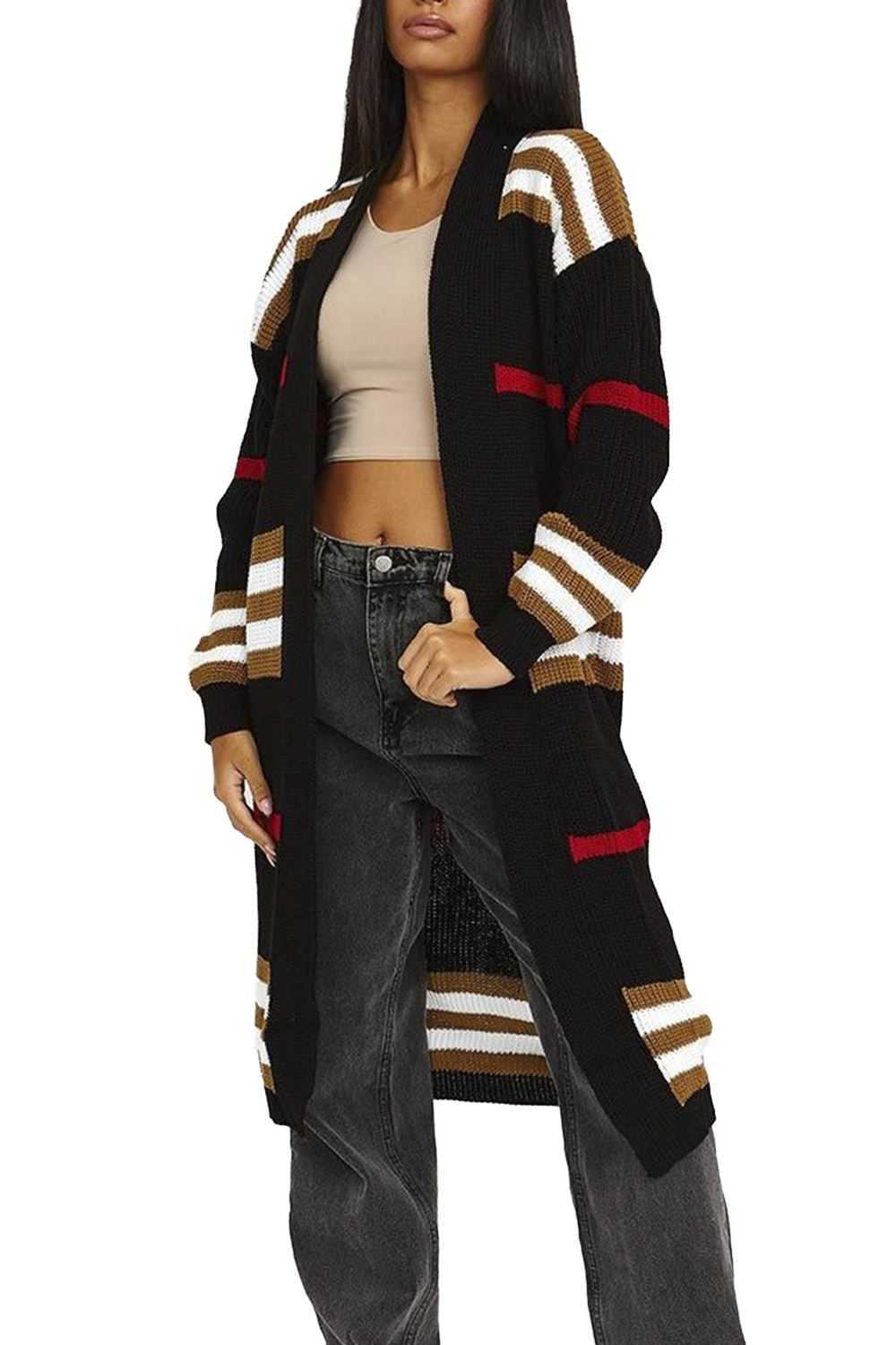 Pulls pour femmes pull à rayures longues Cardigan grande Version de manches longues amples couleur contrastée col en v et cheville pull manteau p