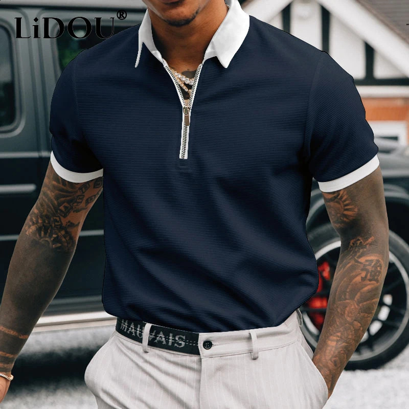 Summer solid color casual mens polo shirt short sleeved loose business T-shirt mens zipper fully matched mens fashion clothing 250318