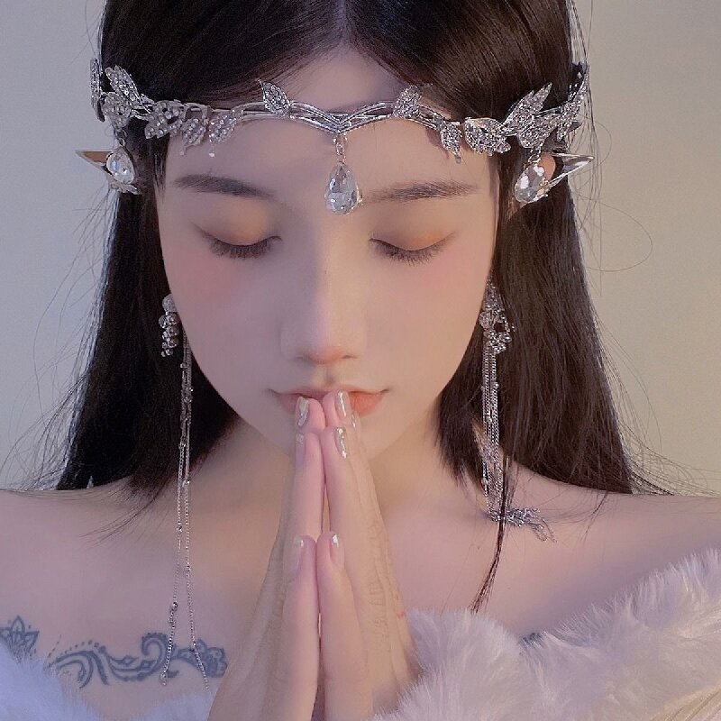 Fashionable Elf Style Artificial Crystal Droplet and Alloy Leaf Headbands for Women - Bohemian Accessory Ideal for Daily Wear & Festivals-image-1049515624