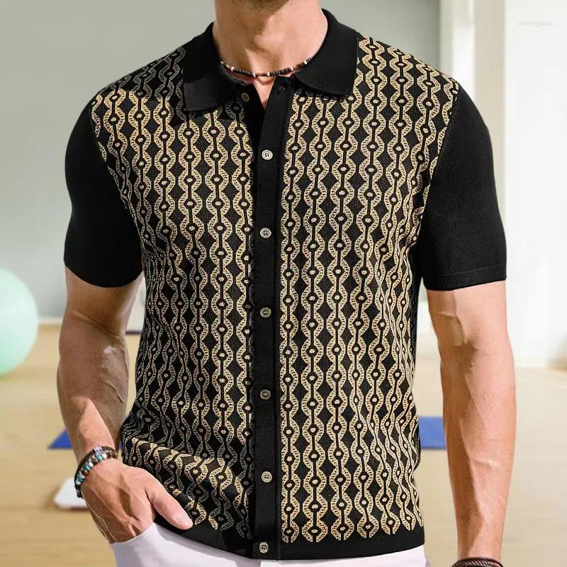 Men's Polos Fashion Luxury Knit Polo Shirt Striped Button Geometric Pattern Print Short Sleeve Cardigan Casual Business Knitwear