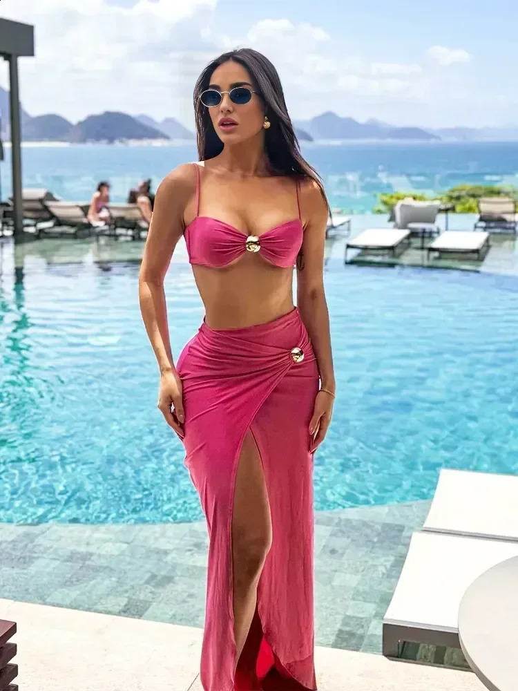 Femmes Bikini à 3 pièces Sets Spaghetti Sangle de maillot de bain sexy high plage de plage longue jupe de baignade