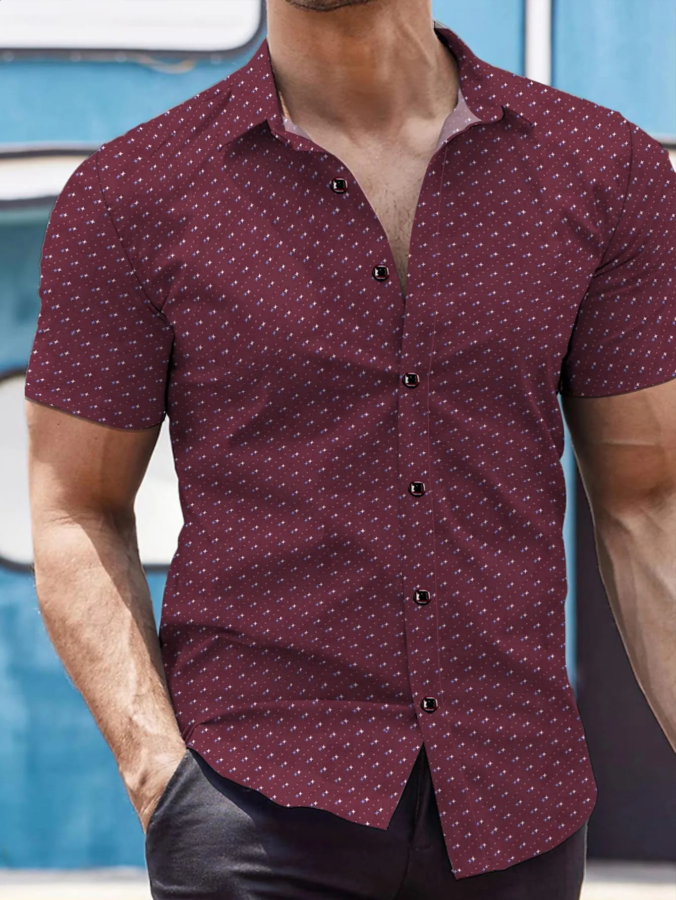 Mens Star Dots imprimer les chemises boutonnées à manches courtes vers le haut des chemises à vinaigre