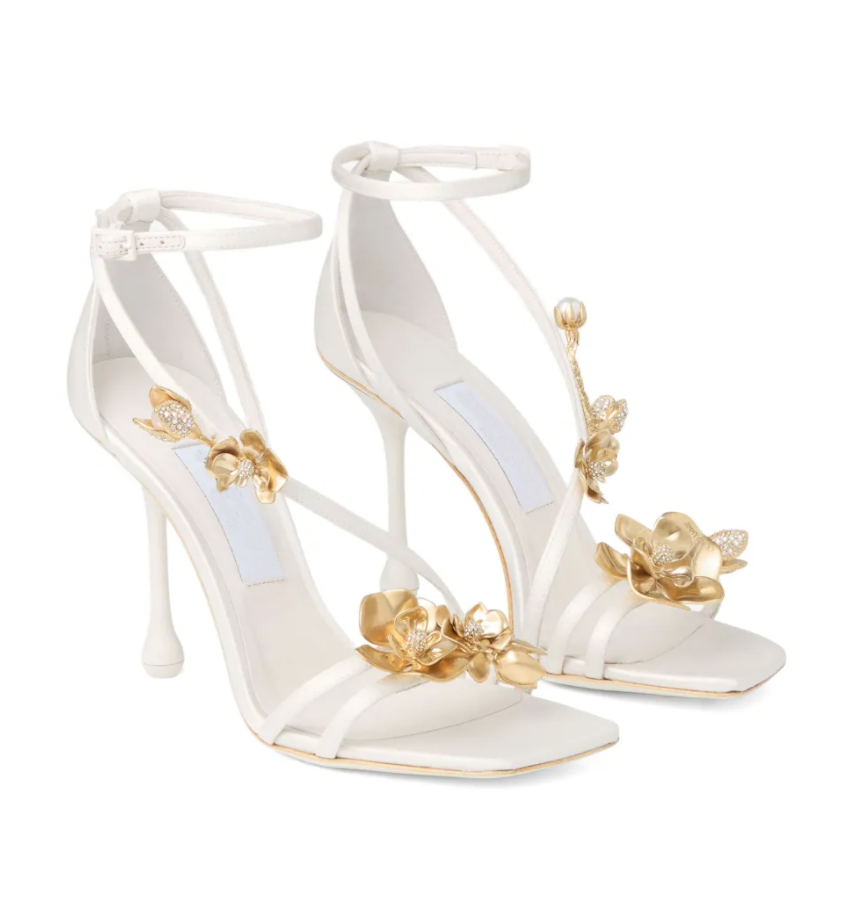 Designer de luxe Sandale Zea Crystal floral embelli les talons hauts Gold Fleur Fleur noire en cuir satiné avec des sangles minces
