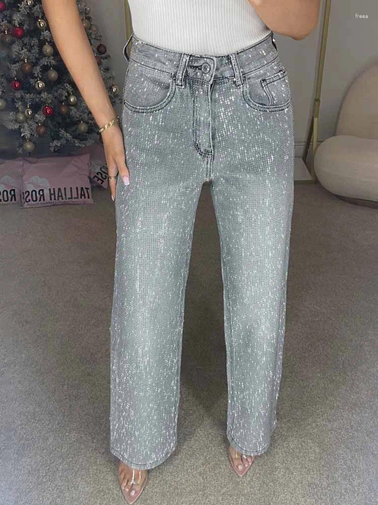 Jeans pour femmes bkqu fashion diamond for women shiny high street y2k pantalon denim droit en vrac ramiage de luxe 2025 printemps