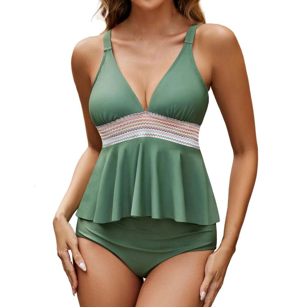 Maillot de bain tankini à volants péplum 2 pièces pour femme, élégant, décolleté en V profond, deux pièces, contrôle modeste du ventre, fête sur