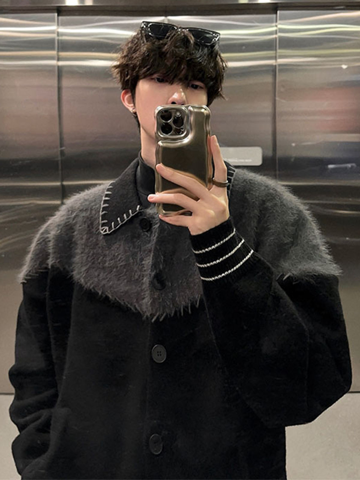 American vintage patchwork color knitted cardigan coat men's autumn and winter trend with leisure loose lapel sweater