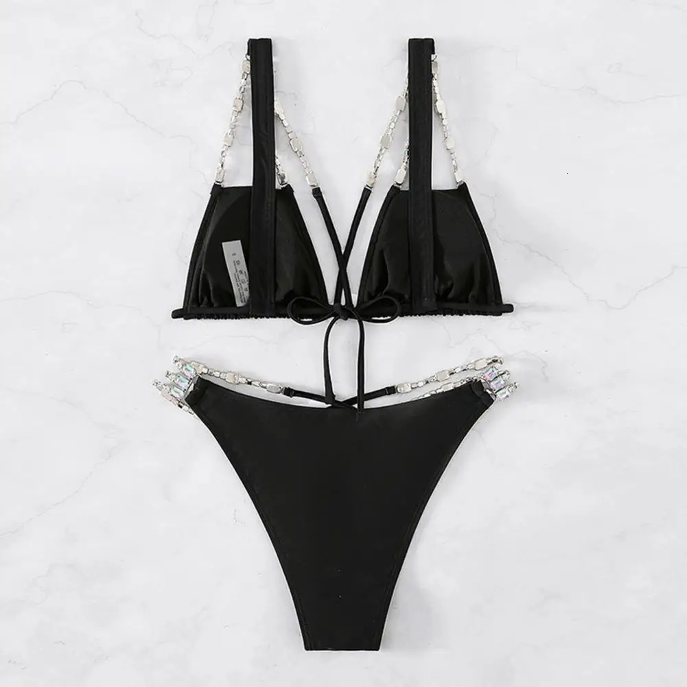 Maillot de bain élégant deux pièces maillot de bain strass décor femmes maillot de bain ensemble avec creux n taille haute Bikini pour Wading 250