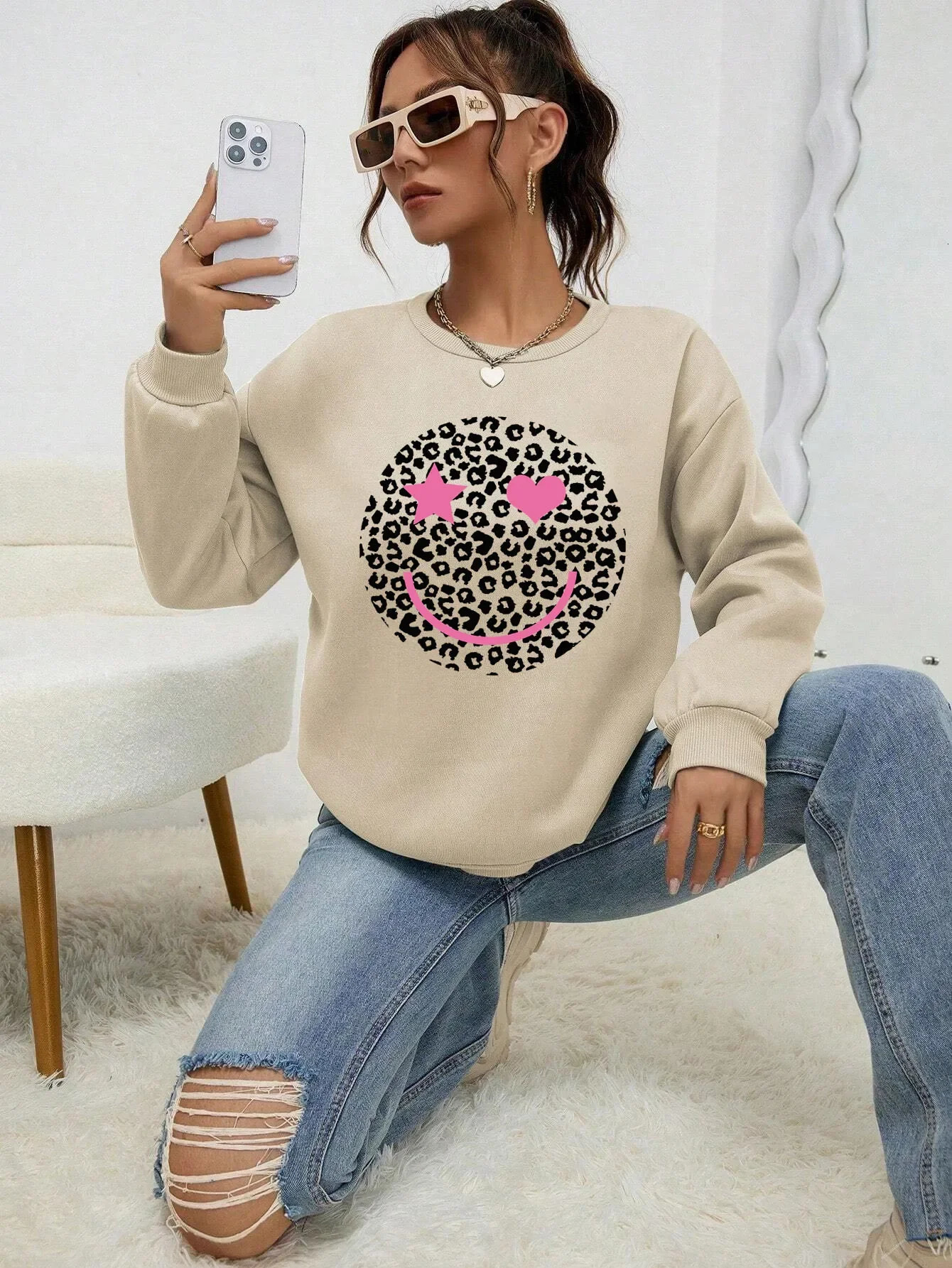 Leopard Print Happy Face Love Printed Sweatshirt Womens Autumn Soft Hoody Fleece Warm Hoodies Street All-Match Female Pullover 250317