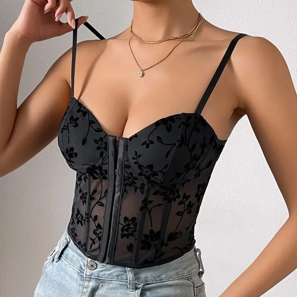 Sexy Lace Embroidery Chic Bustier Corset Pushup Lingerie Strap Slim Korean Tanks Top Lowcut Seethrough Halter Vest Bodysuit 250311Z