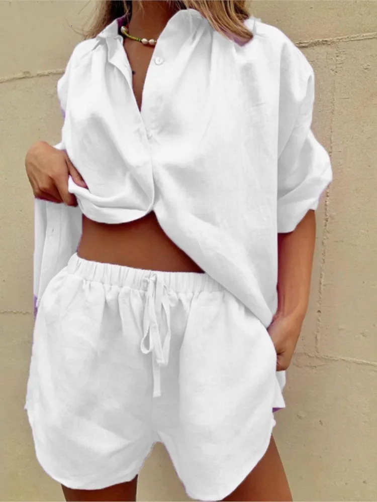 Casual Cotton Linen Solid Color Set Womens Short Sleeve Loose Shirt Wide Leg Shorts Two Piece Summer 2024 250320Z