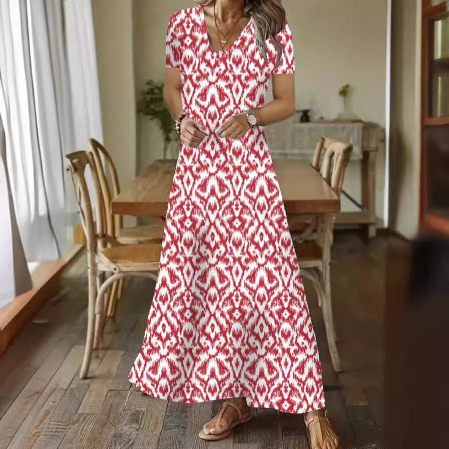 (408) Autumn and winter fashionista casual sweet loose V-neck printed short-sleeved long dress