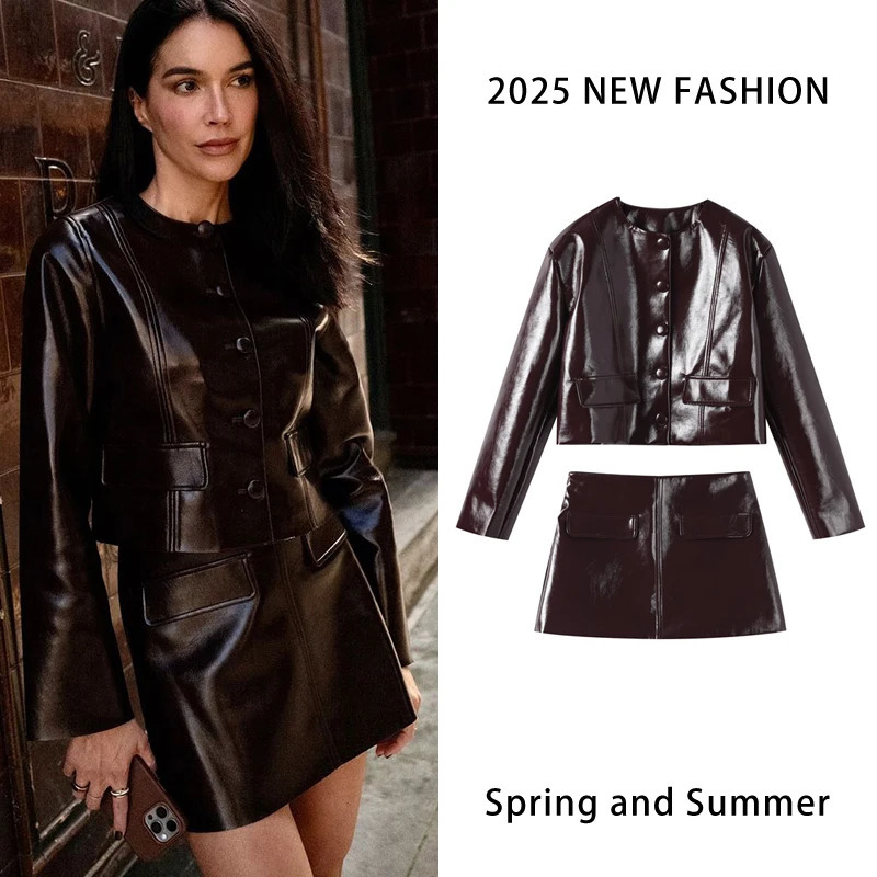 Casual PU leather jacket mini skiing set for womens autumn slim fit Oneck single chest top sexy short sleeved dress 250321Z