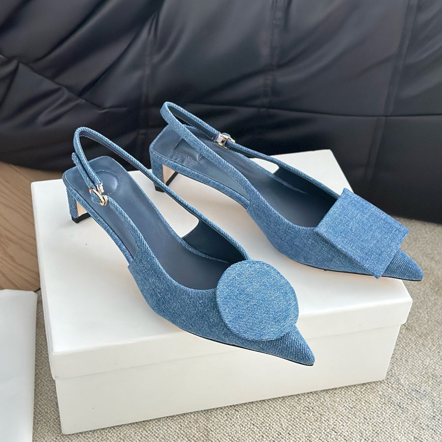 High quality new fashion minimalism Denim Round square buckle Slingback Kitten heels Sandals pumps block Chunky heels Dress shoes Women's desig