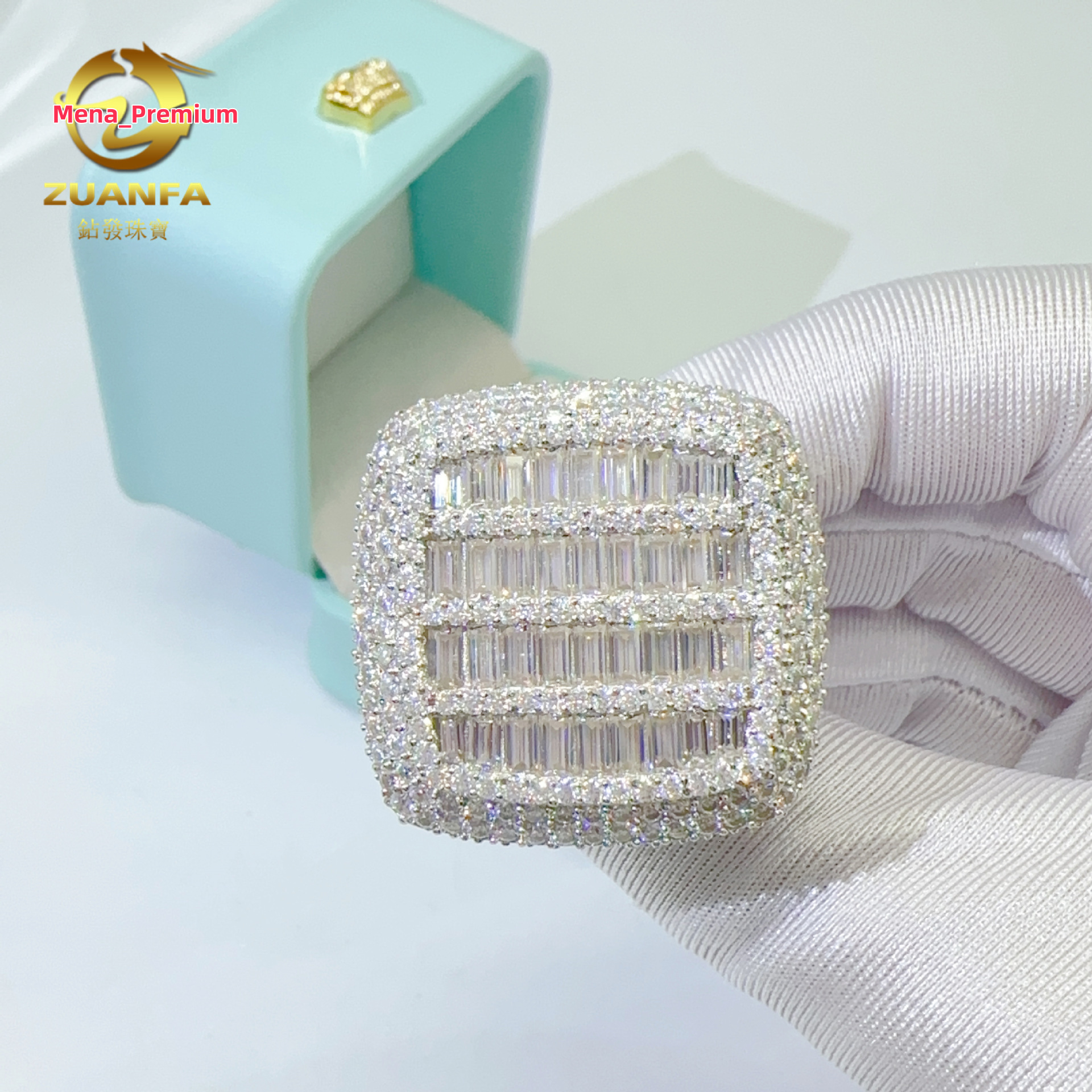 New 925 Silver Set D Color vvs Rectangular Mosan Ring for Men and Women Ins Fashion Trend Full Diamond