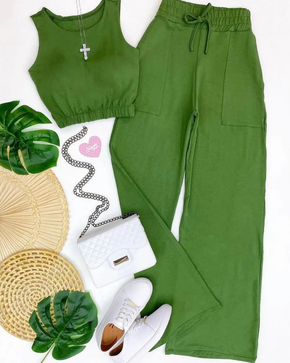 Crop Tank Top Wide Leg Pants Set Y2k Vest Green Matching Sets Spring Vintage Boho High Waist Loose Work Suit Streetwear 250319