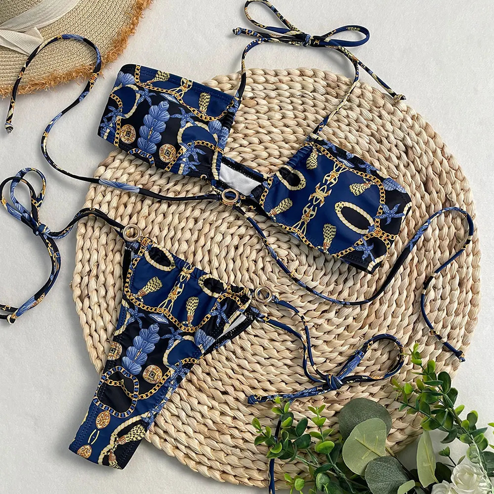 Serenechic 2025 Femme deux pièces bikini ensemble à lacets brésiliens Bas de maillot de bain liens réglables Imprimes de bain minceur de bain 250