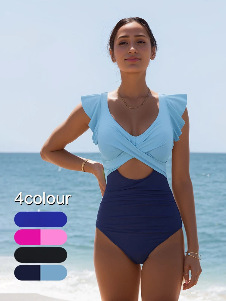 Contraste Maillage en un morceau de maillot de bain V Couleur solide Couleur sans dos ventre