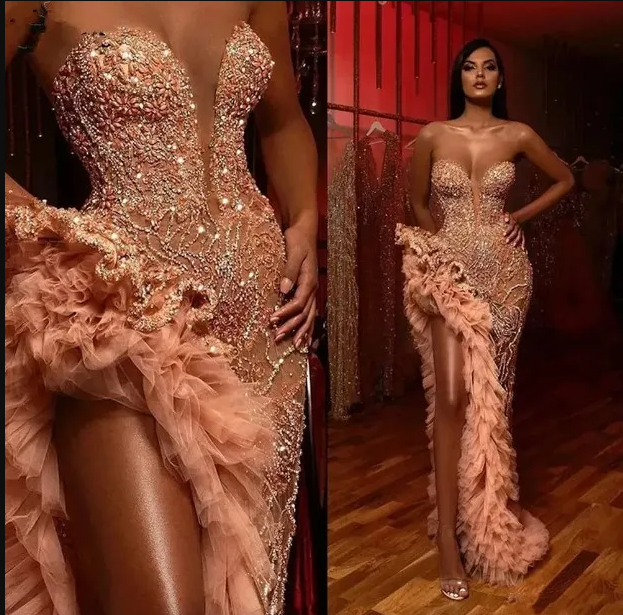 Luxury Sweetheart Mermaid Prom Dresses Coral Pink Sparkly Beaded Ruffles High Slit Arabic Formal Evening Gowns Vestidos De Ocasion Formales BC153-image-710397905