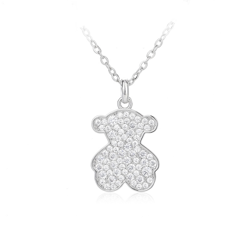 New Fashion Women Silver Gold Stainless Steel Copper Bear Hollow Letter White Color White Zircon Animal Pendant Necklace Sets Jewelry-image-1050024925