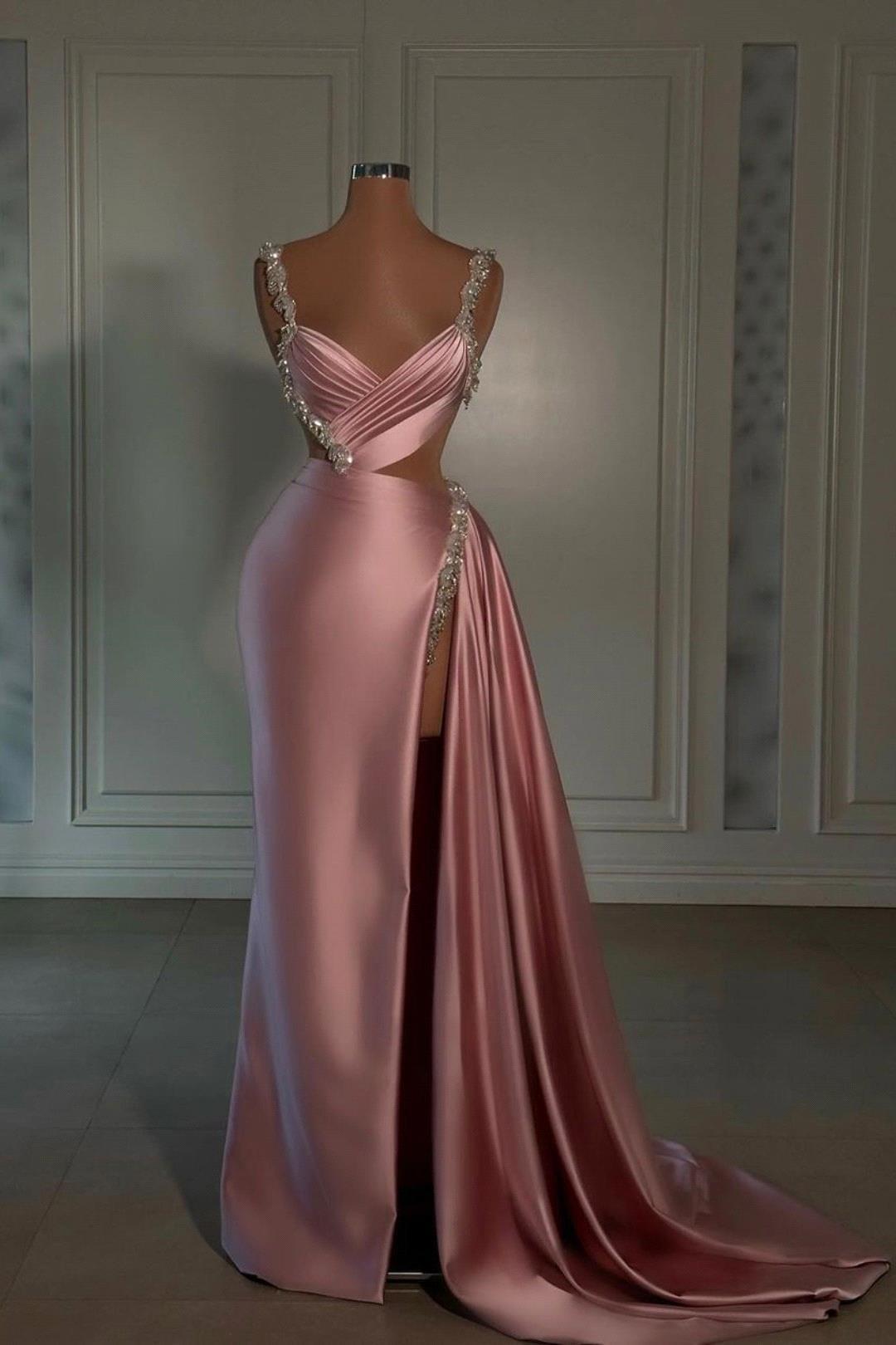 Stunning Peach Pink Mermaid Evening Dresses With Side Split Beads Spaghetti Straps Long Satin Women Party Occasion Gowns Formal Vestidos Prom BC1-image-698212513