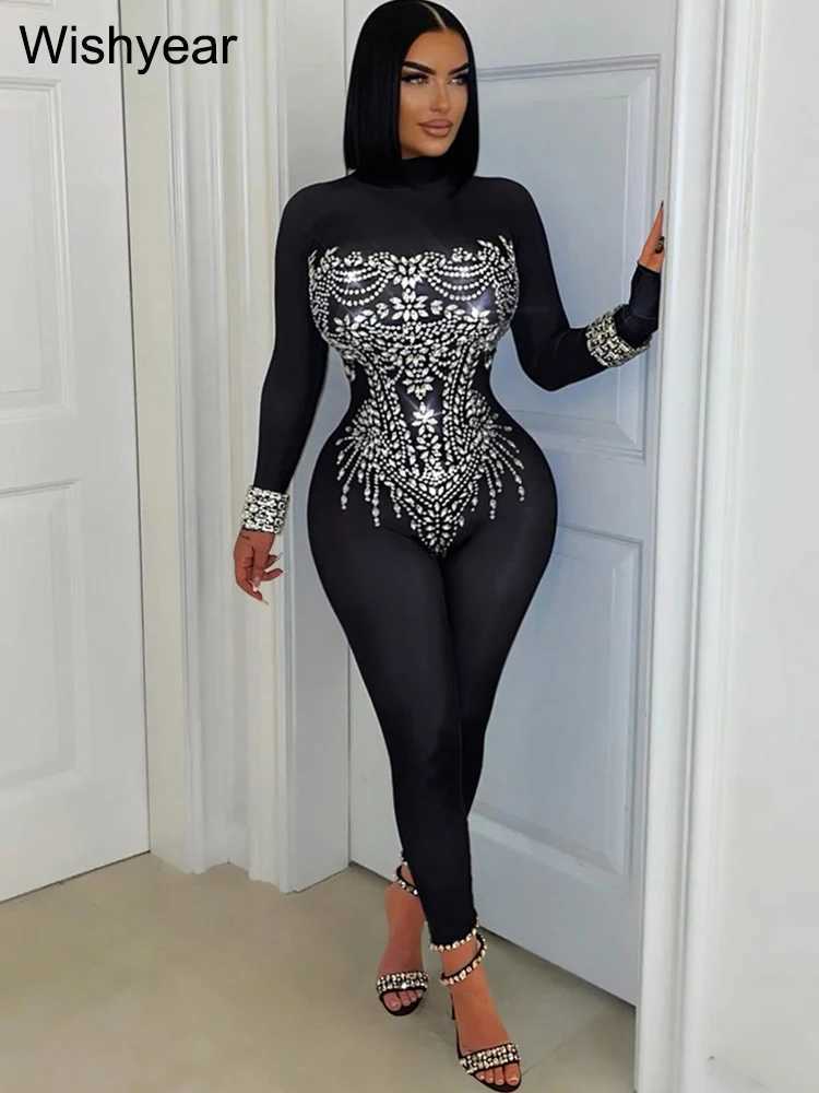 Women's Jumpsuits Rompers New one-piece pencil pants jumpsuit sexy nightclub party full set Rhinestone patch work black jumpsuit womens even-image-1049959868