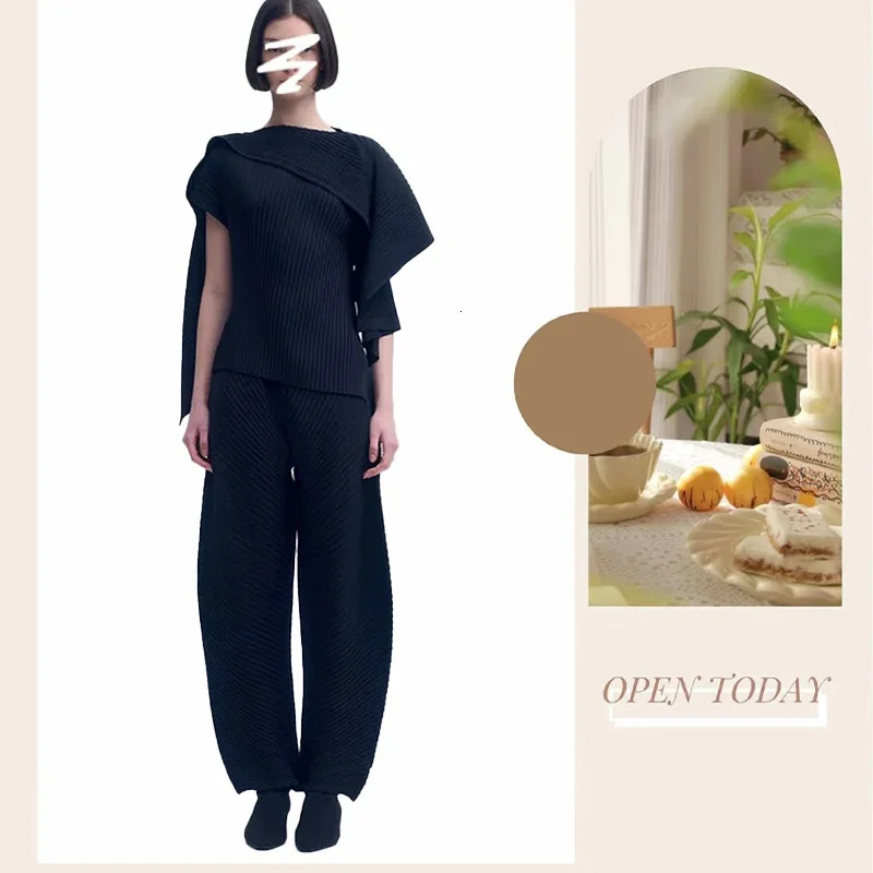 Miyake Fold femmes 2 pièces couleur unie Patchwork haut rétro avec taille élastique et pantalon pliant ample 2025 printemps femme ensemble 250317