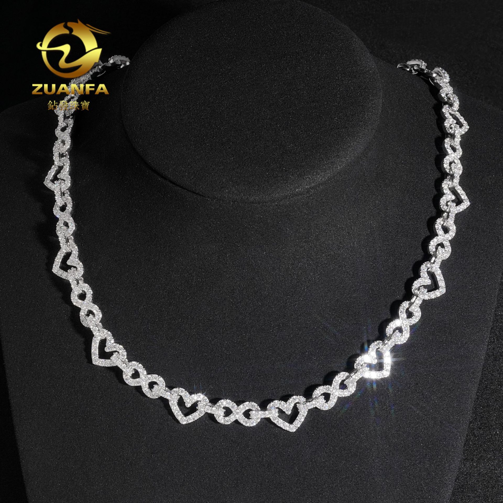 Diamond Hair New Cuba Chain 8.5mm Heart shaped Bazin Chain S925 Silver Set D-Color Moissanite Cuba Chain Necklace