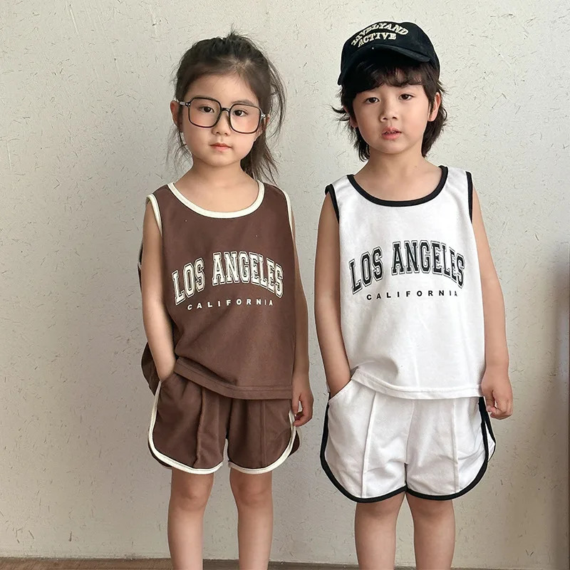 Unitim Summer Kids Boys 2pcs Vêtements Ensemble de coton mince lettres sans manches shorts de sport