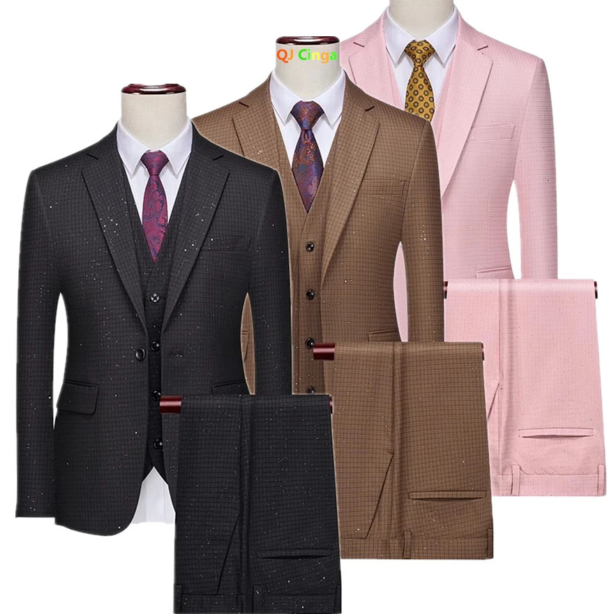 Black slim fit mens 3-piece set Asian size jacket and mens clothing pink coffee mens clothing fashionable jacket and pants 250321