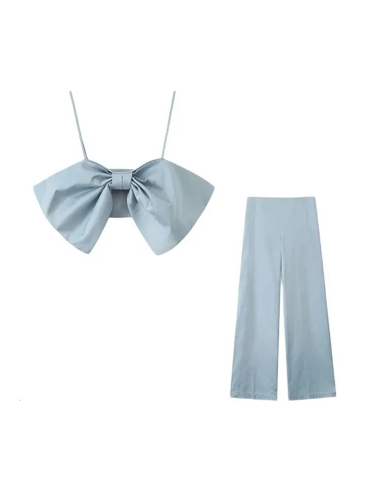 TRZA Women Fashion With Bow Satin Crop TanK Tops And High Waist Side Zipper Trousers Female Two Piece Sets Mujer 250322