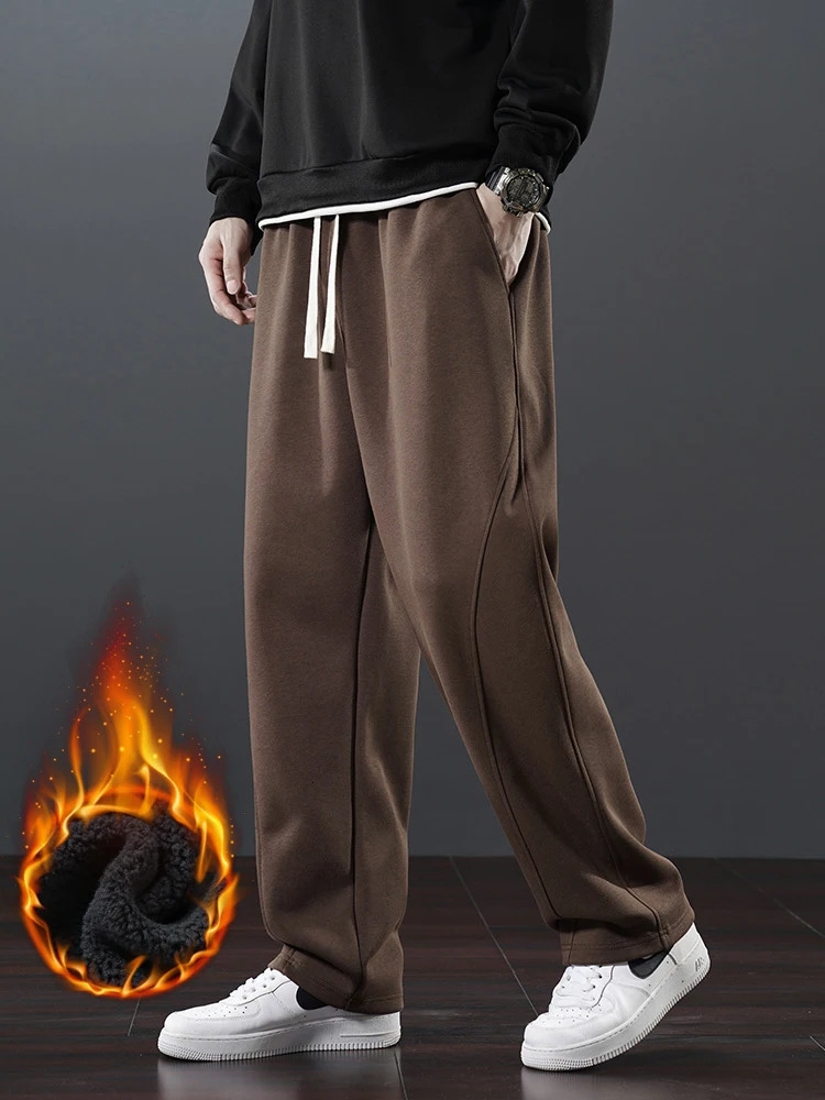 Pantalon de sport d'hiver pour hommes, doublure en laine, épais, chaud, piste droite, cordon de serrage, coton, coupe ample, décontracté, pour co