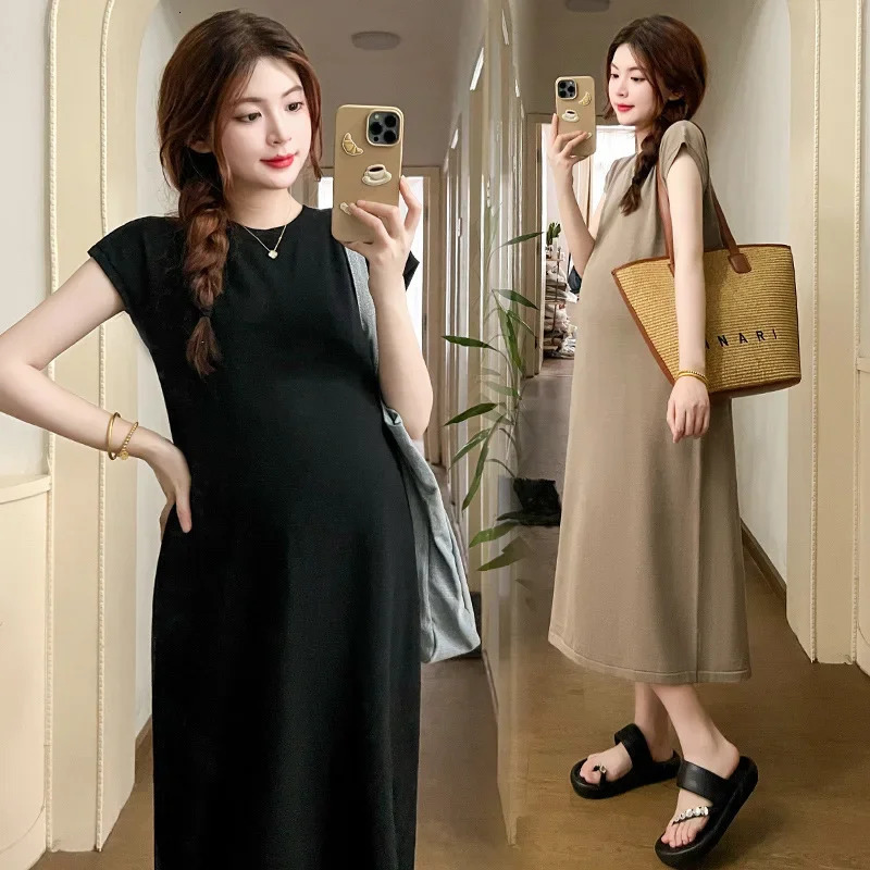 Summer Maternity Dresses Solid Short Sleeve Bodycorn Maxi Dress Pregnant Women Baby Shower Gowns Premama Clothing Pregnancy 250313 M260226-image-1095553153
