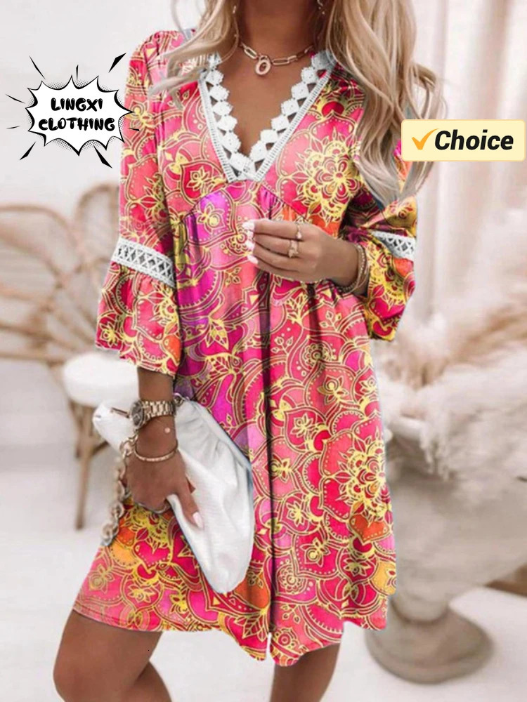 Fashion Summer Bohemian Elegant Womens Robe courte imprimé en dente
