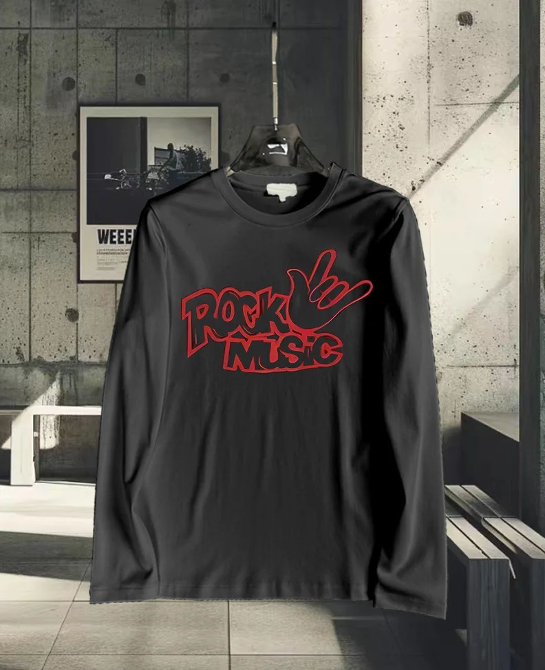 Rock Music Letter Imprimé blanc Unisexe Pure Coton T-shirt à manches longues respirant 250317