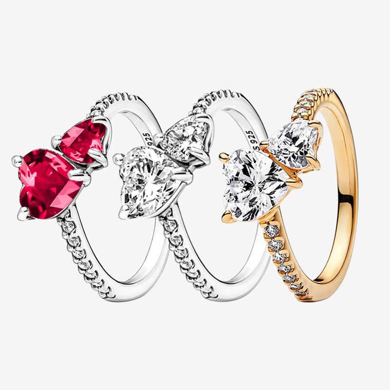 Double Heart Sparkling Ring Authentic 925 Sterling Silver For Women Wedding Jewelry Set Diamond Hearts Designer Ring with Retail Box Top Quality Who