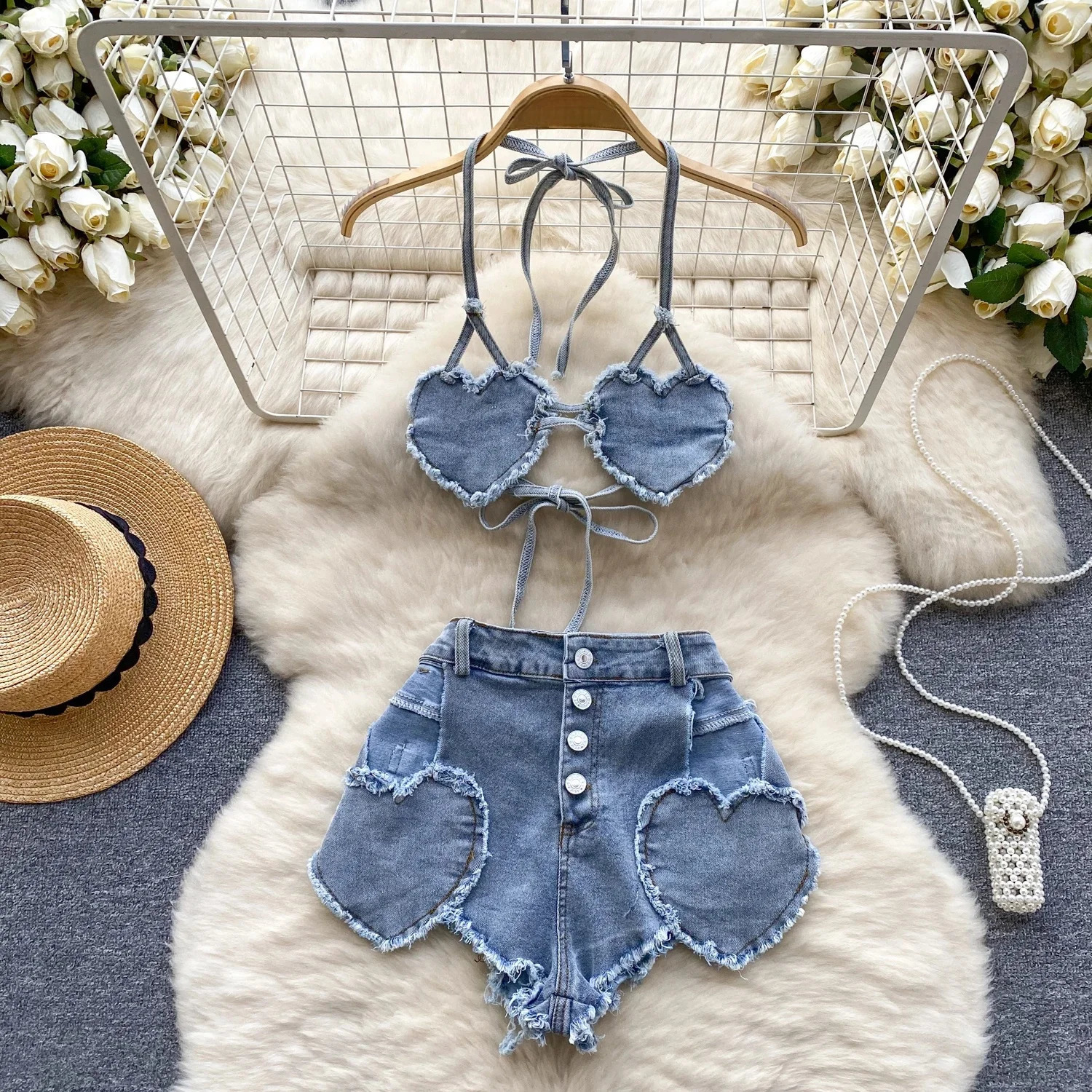 Ensemble fille américaine bleue, sans manches, dos nu, amour, haut de bikini, boutons, short basique, Sexy Cowboy rétro plage, 250311