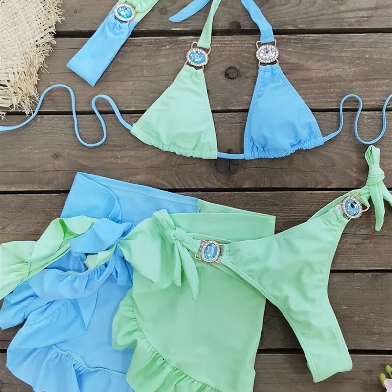 Jupe sexy 4 pièces bikini set femmes blue patchwork strass push up couverture de maillot de bain de bains de bain plage de bain de bain 250322