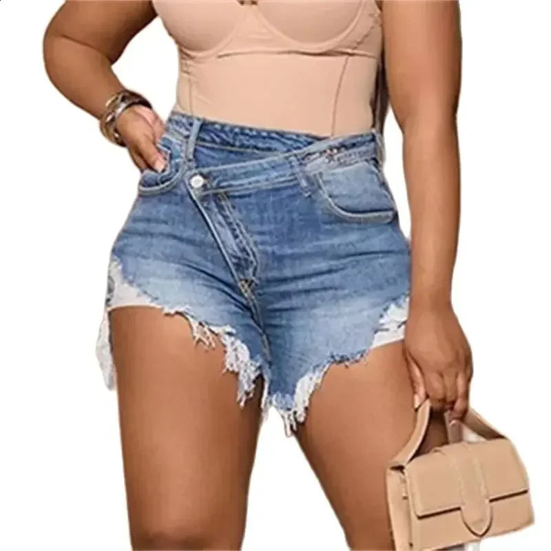 Fashion slant waist button spliced denim shorts summer ripped tassel one third pants for womens casual mini jeans 250318