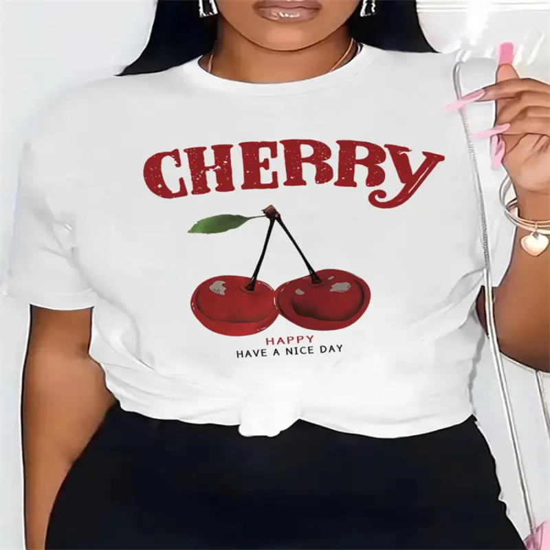 Women T-Shirt Cherry Women's DIY T Shirt Customized Three Dimensional Pattern Printed Letter ladies Love Summer Sports Tee
