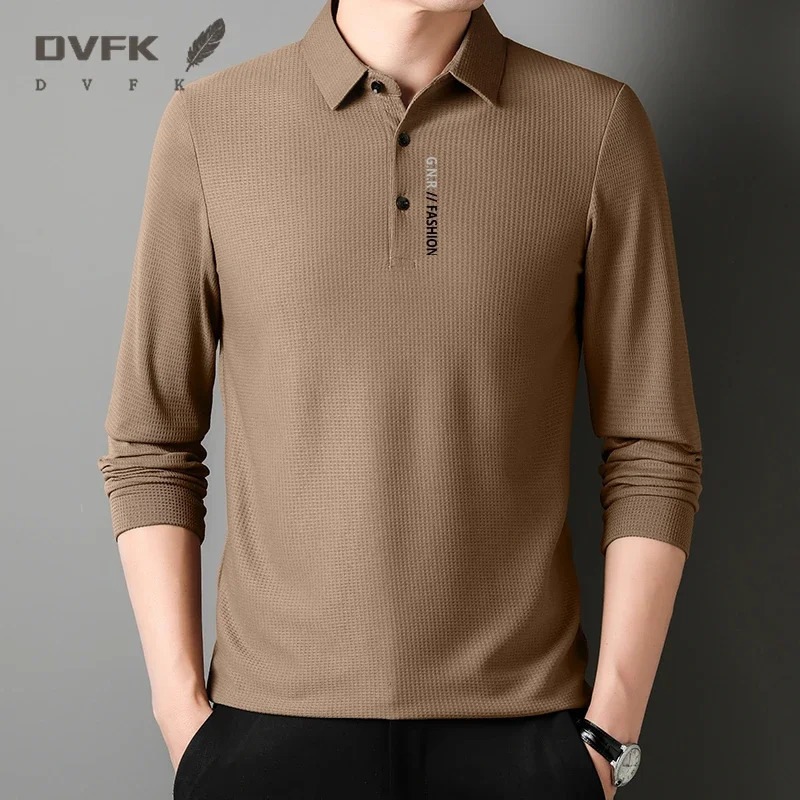 mens business casual long sleeved shirt with badge solid color polo fashionable breathable and comfortable lapel top 250312Z